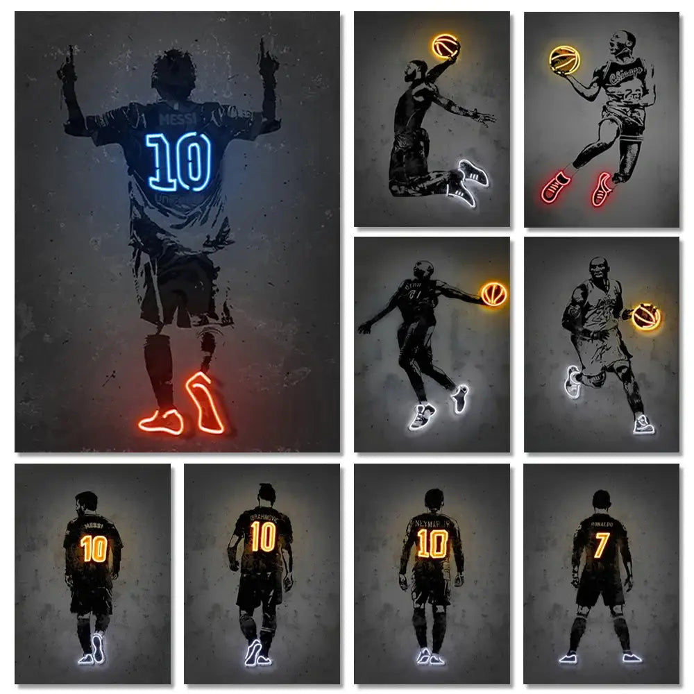 DecorBites™ modern neon sports star wall art poster featuring glowing football and basketball player outlines with illuminated jersey numbers