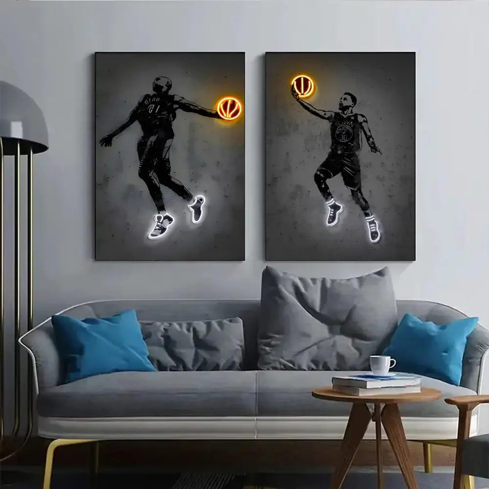 DecorBites™ modern neon sports star wall art poster featuring black and white basketball player canvases with glowing hoops