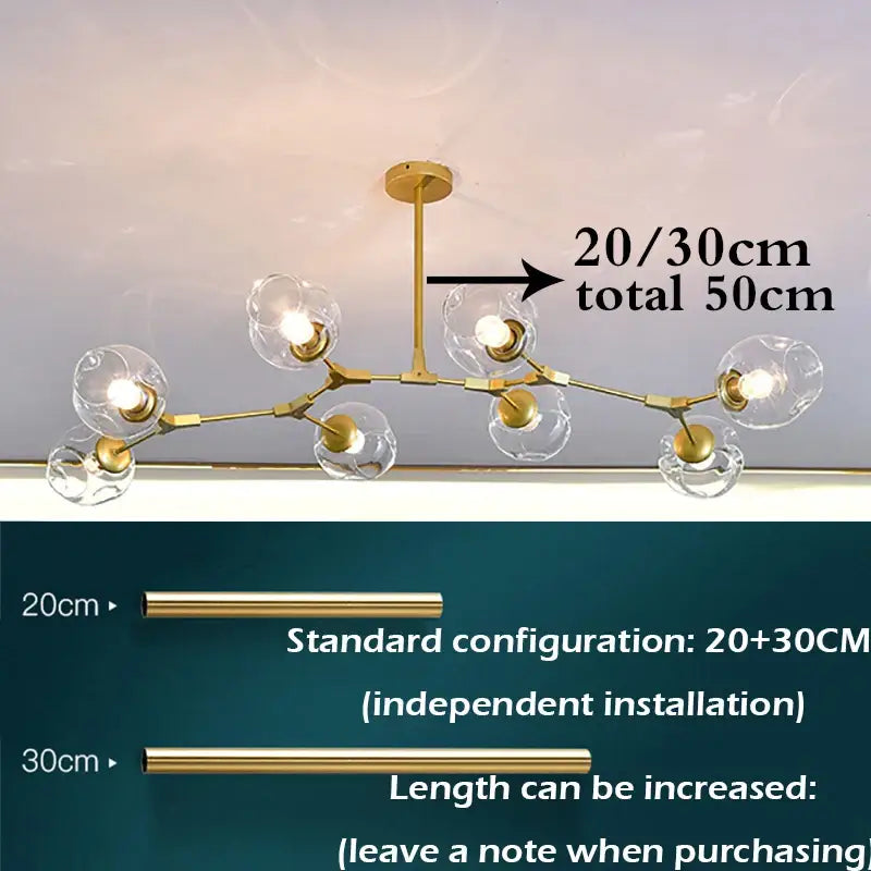 Gold-toned modern nordic glass ball led chandelier with clear glass globes and a branching metal structure