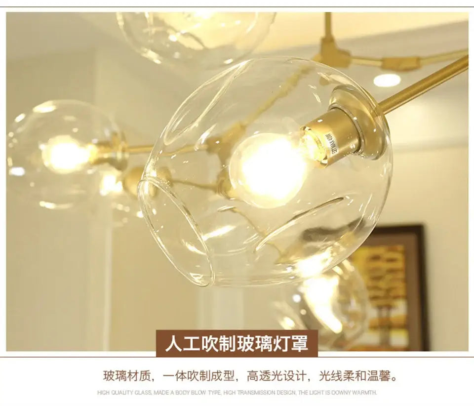 Clear hand-blown glass chandeliers with warm golden brass fixture in decorbites modern nordic glass ceiling lamps