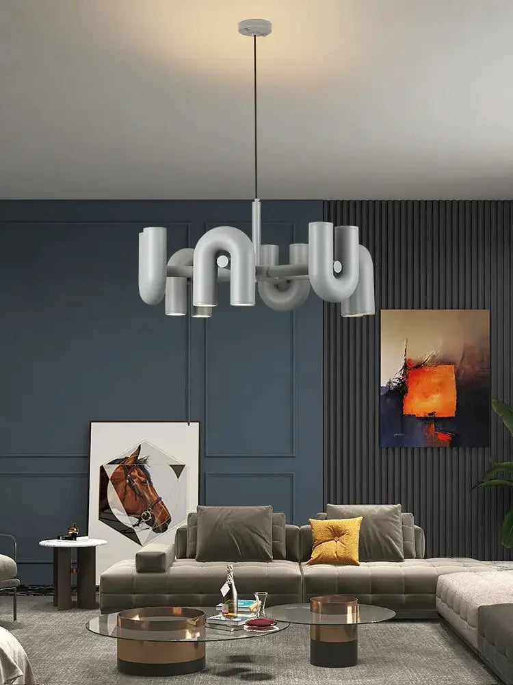 Modern white pipe-style led ceiling chandelier with sleek industrial design for home by DecorBites™