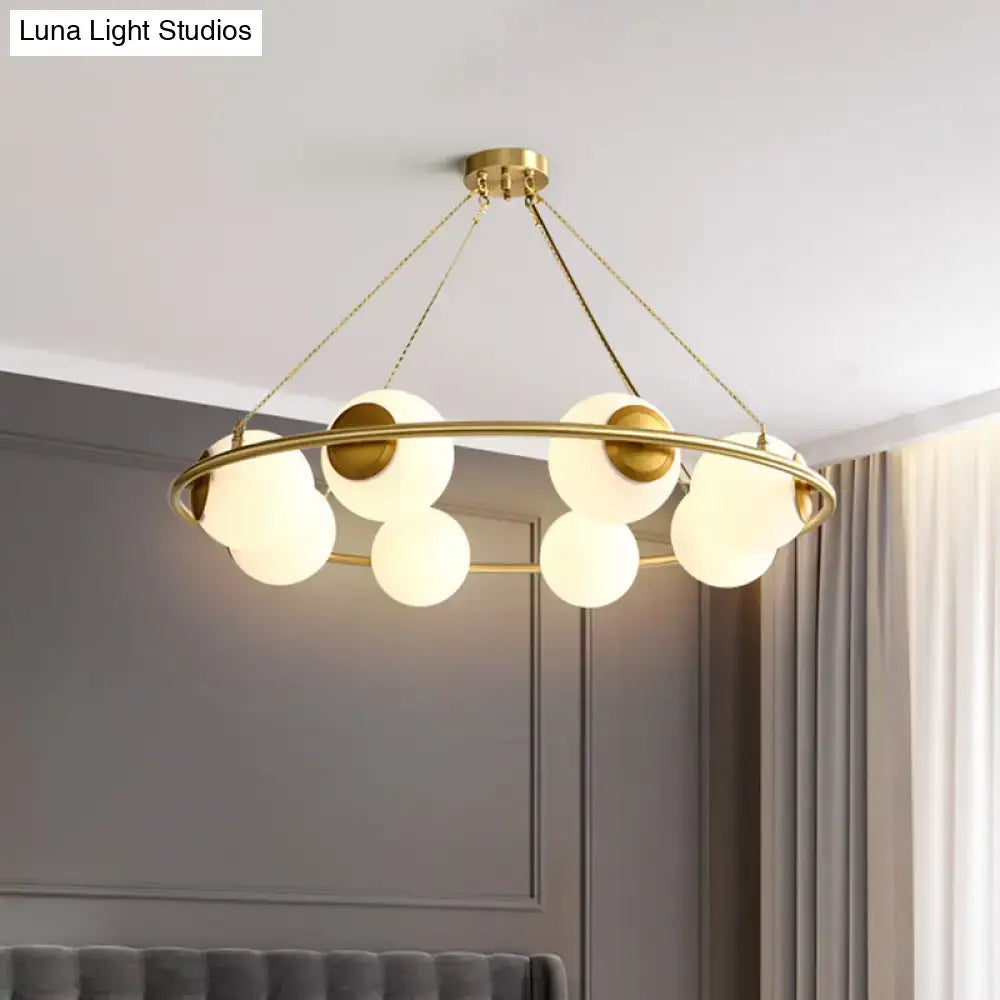DecorBites™ Modern Opal Glass Ball Chandelier - 8-Head Brass Hanging Ceiling Lamp with Elegant Ring Design