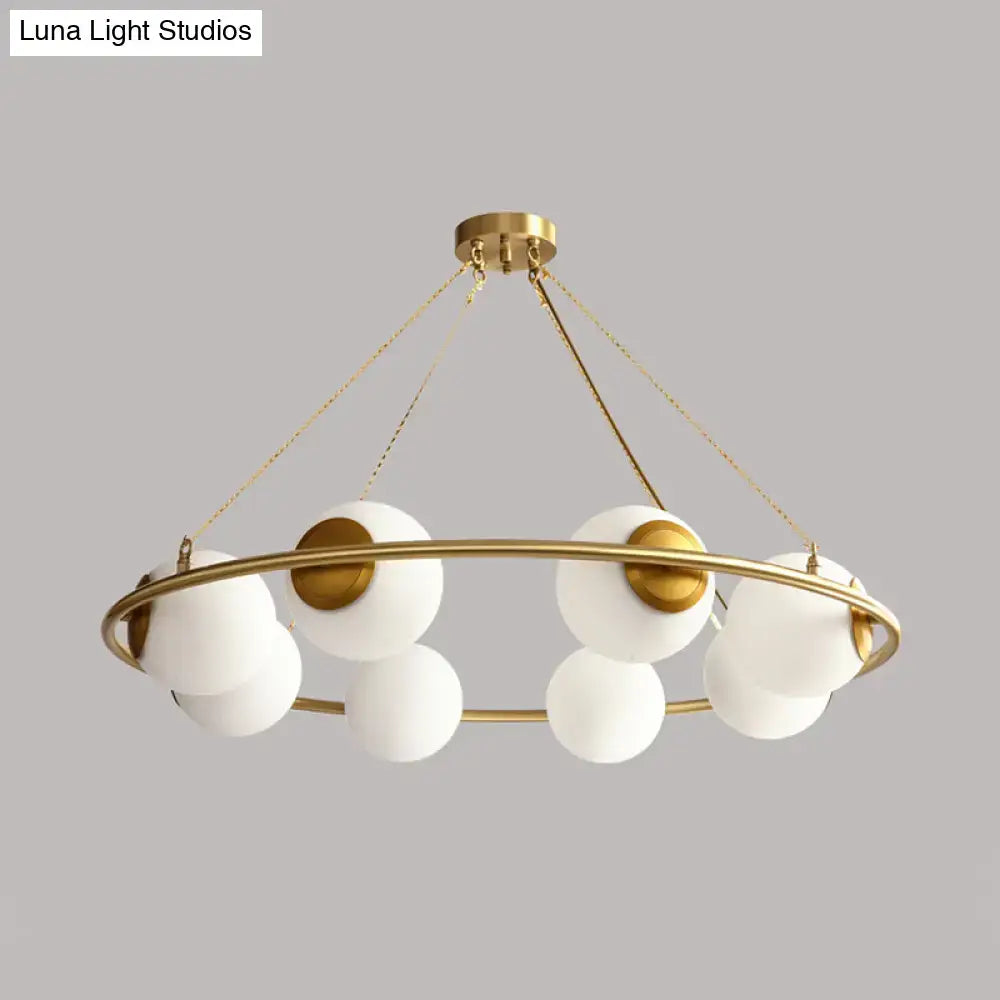 DecorBites™ Modern Opal Glass Ball Chandelier - 8-Head Brass Hanging Ceiling Lamp with Elegant Ring Design