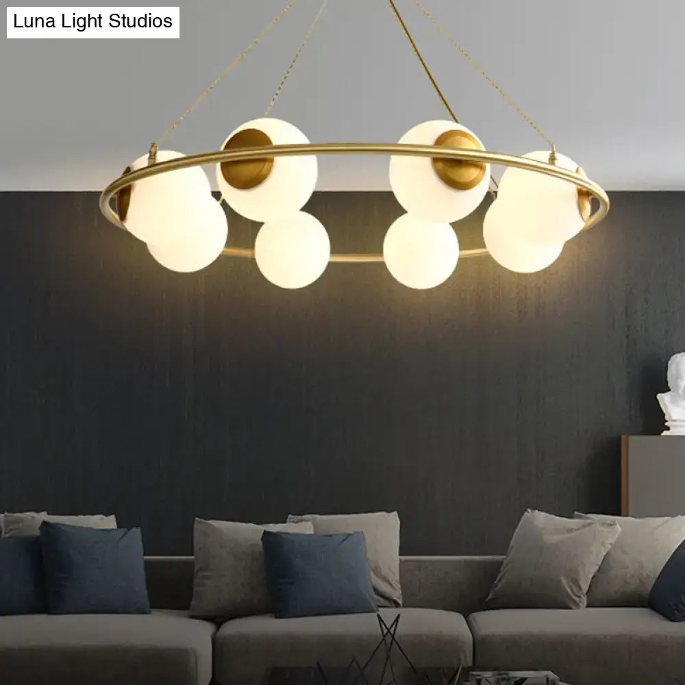 DecorBites™ Modern Opal Glass Ball Chandelier - 8-Head Brass Hanging Ceiling Lamp with Elegant Ring Design