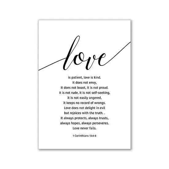 DecorBites™ modern pink aesthetic wall art featuring black calligraphy love print and 1 Corinthians passage for room decor