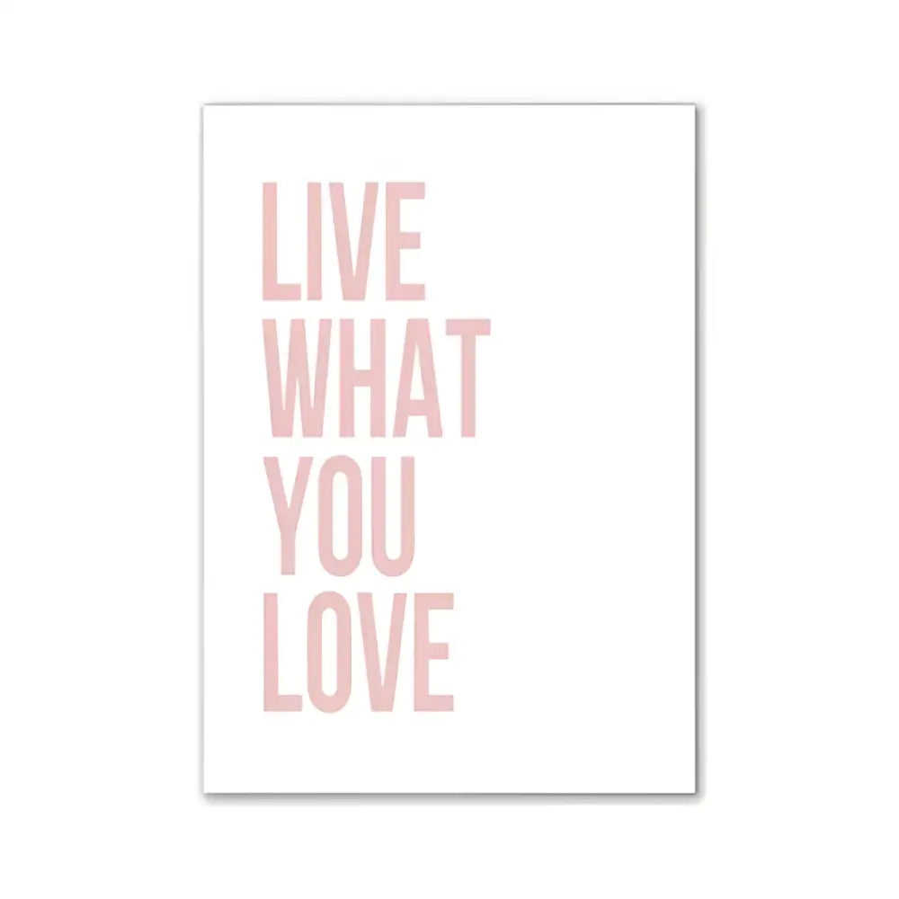 Decorbites™ modern pink aesthetic wall art set featuring minimalist white rectangular print with live what you love phrase in soft pink font