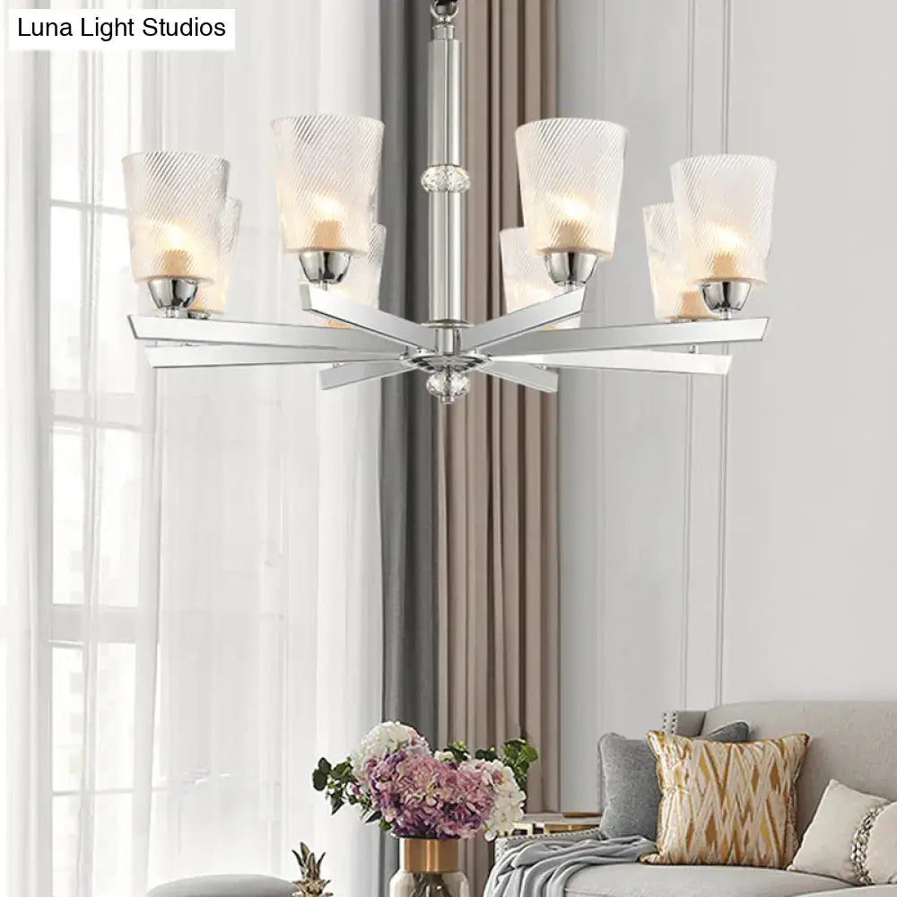 DecorBites™ Modern Ribbed Glass Chandelier Pendant - Chrome Finish, 6 Lights for Living Room Ceiling
