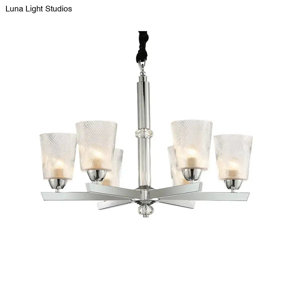 DecorBites™ Modern Ribbed Glass Chandelier Pendant - Chrome Finish, 6 Lights for Living Room Ceiling
