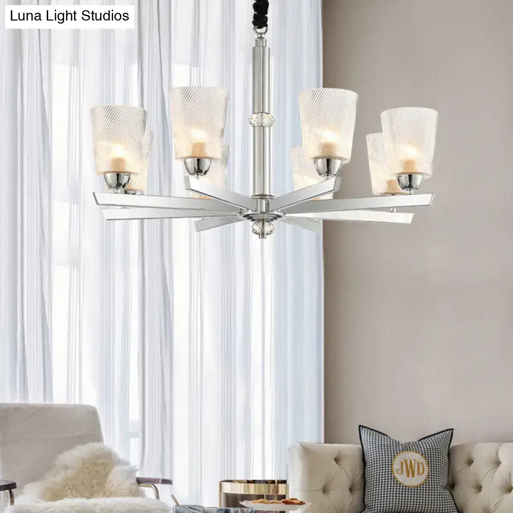 DecorBites™ Modern Ribbed Glass Chandelier Pendant - Chrome Finish, 6 Lights for Living Room Ceiling