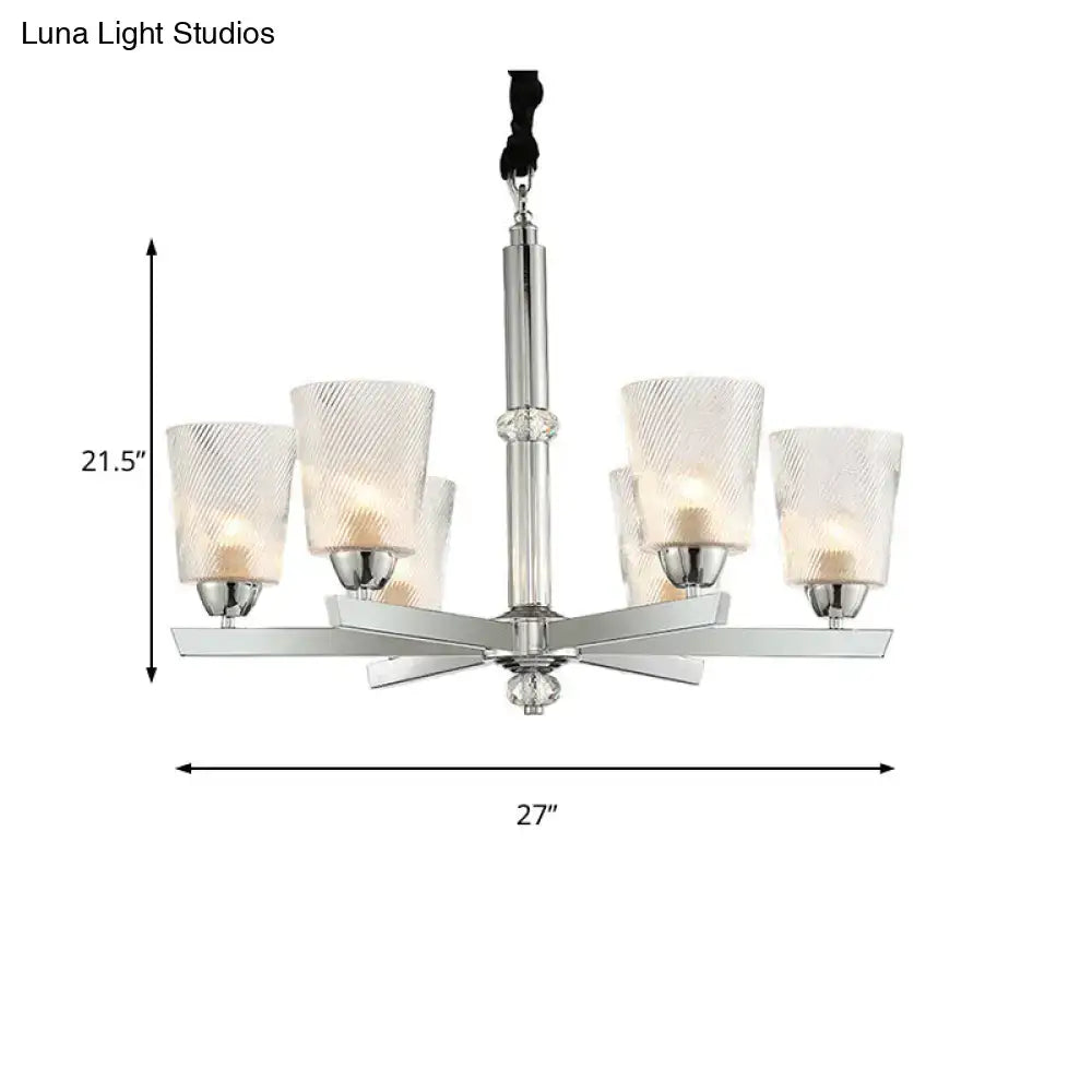 DecorBites™ Modern Ribbed Glass Chandelier Pendant - Chrome Finish, 6 Lights for Living Room Ceiling