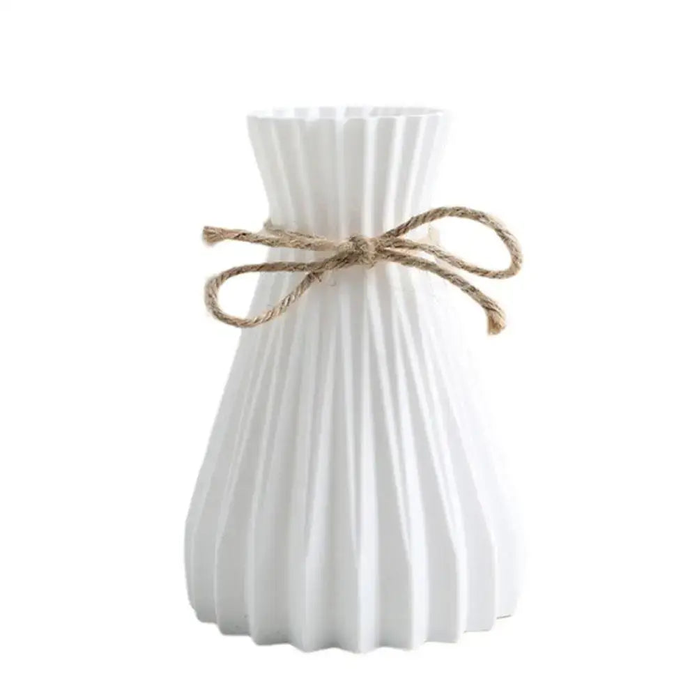 DecorBites modern simple white ceramic flower vase with vertical ridges and twine bow for dry flowers display