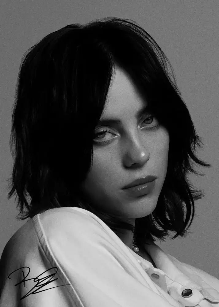 Black-and-white print canvas wall art of singer b-billies featuring billie eilish in white button-up shirt by decorbites
