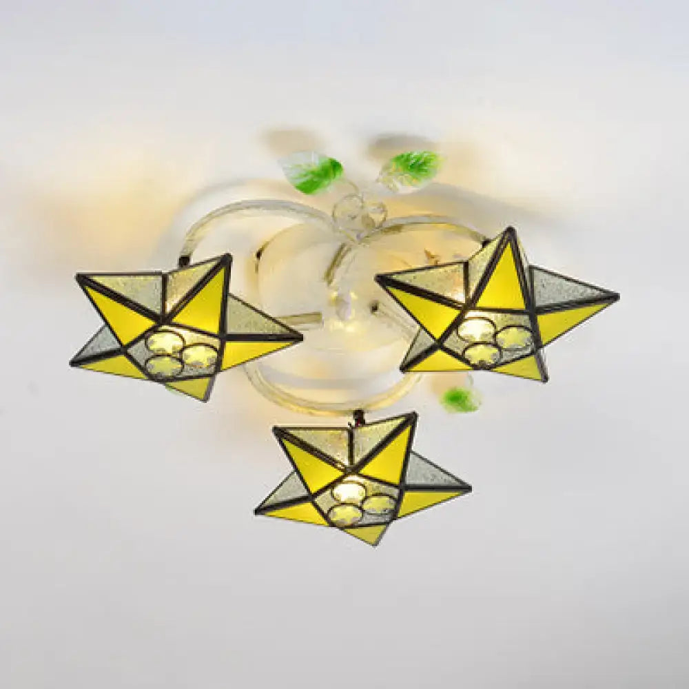 DecorBites™ Modern Tiffany Stained Glass Flush Mount Ceiling Light with 3 Star-Shaped Heads in Vibrant Multicolor