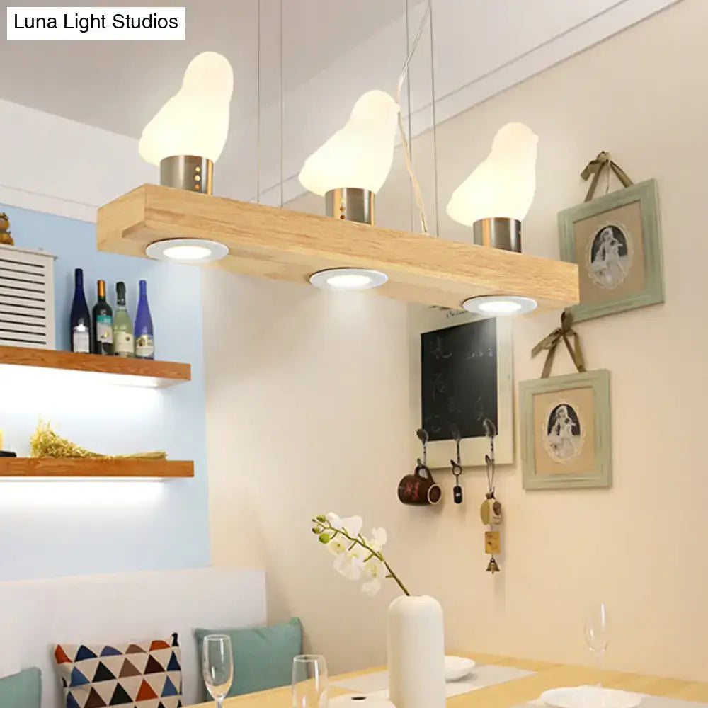 DecorBites™ Modern Wood Island Light with White Glass Shades - Rectangular Design, 3 Heads, Dining Room Pendant Lamp
