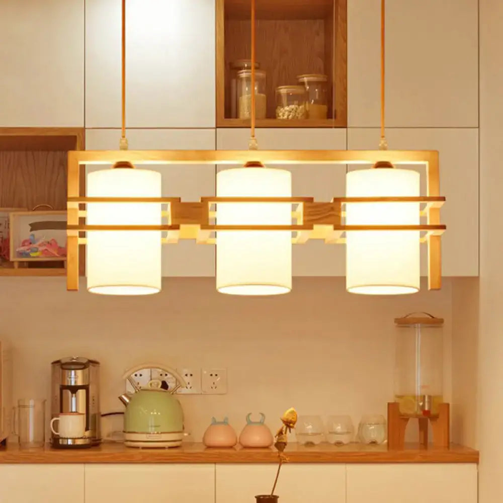 DecorBites™ Modern Wooden 3-Bulb Island Pendant Light with Cylindrical Fabric Shade