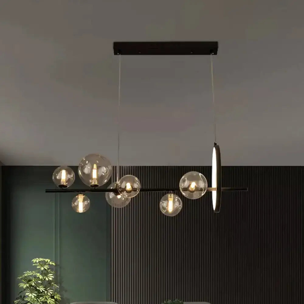 DecorBites™ Modernist 7-Bulb Glass Island Light for Restaurants - Hanging Pendant with Transparent Ball Shades and Black Finish