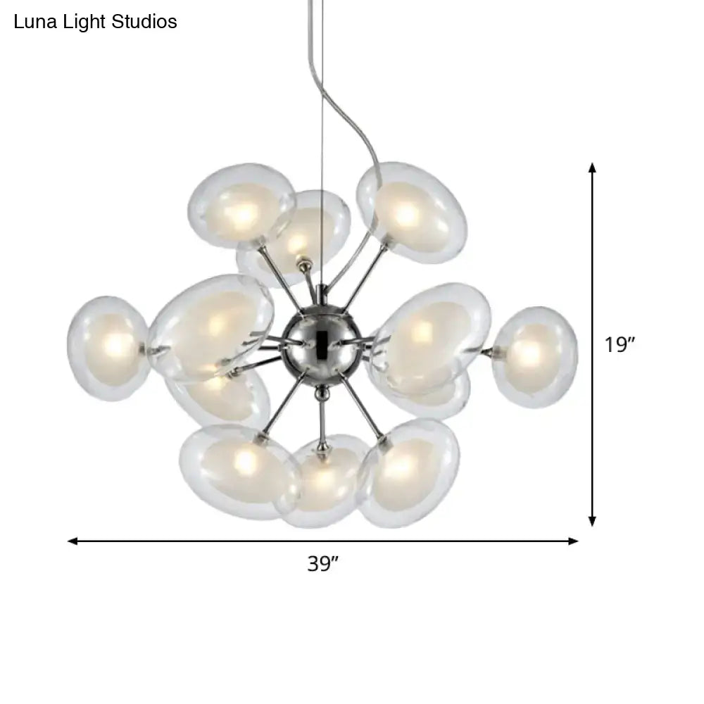 DecorBites™ modernist burst chandelier with 12 chrome lights and dual oblate glass globe shades in a spherical cluster