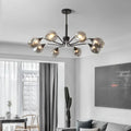 Black metal DecorBites modernist cup shape chandelier with eight smoke grey glass globes for living room lighting