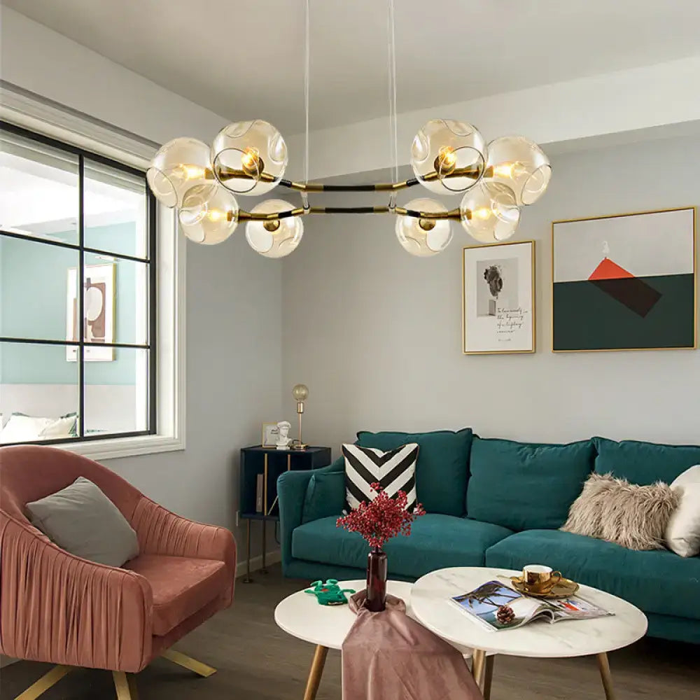 DecorBites™ Modernist Gold Chandelier Pendant Light Dimpled Blown Glass - 8 Bulb Living Room Hanging Lamp Kit