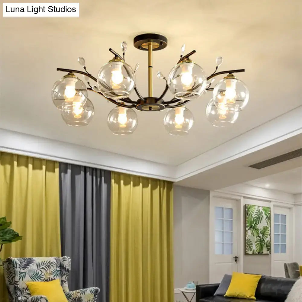 DecorBites™ Modernist Semi Flush Mount Ceiling Light - Cream/Clear Glass - Black and Gold - Crystal Accent - 8-Bulb
