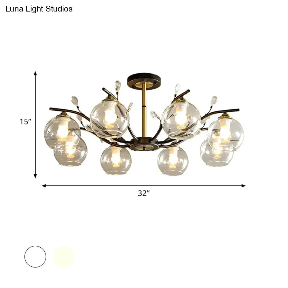 DecorBites™ Modernist Semi Flush Mount Ceiling Light - Cream/Clear Glass - Black and Gold - Crystal Accent - 8-Bulb