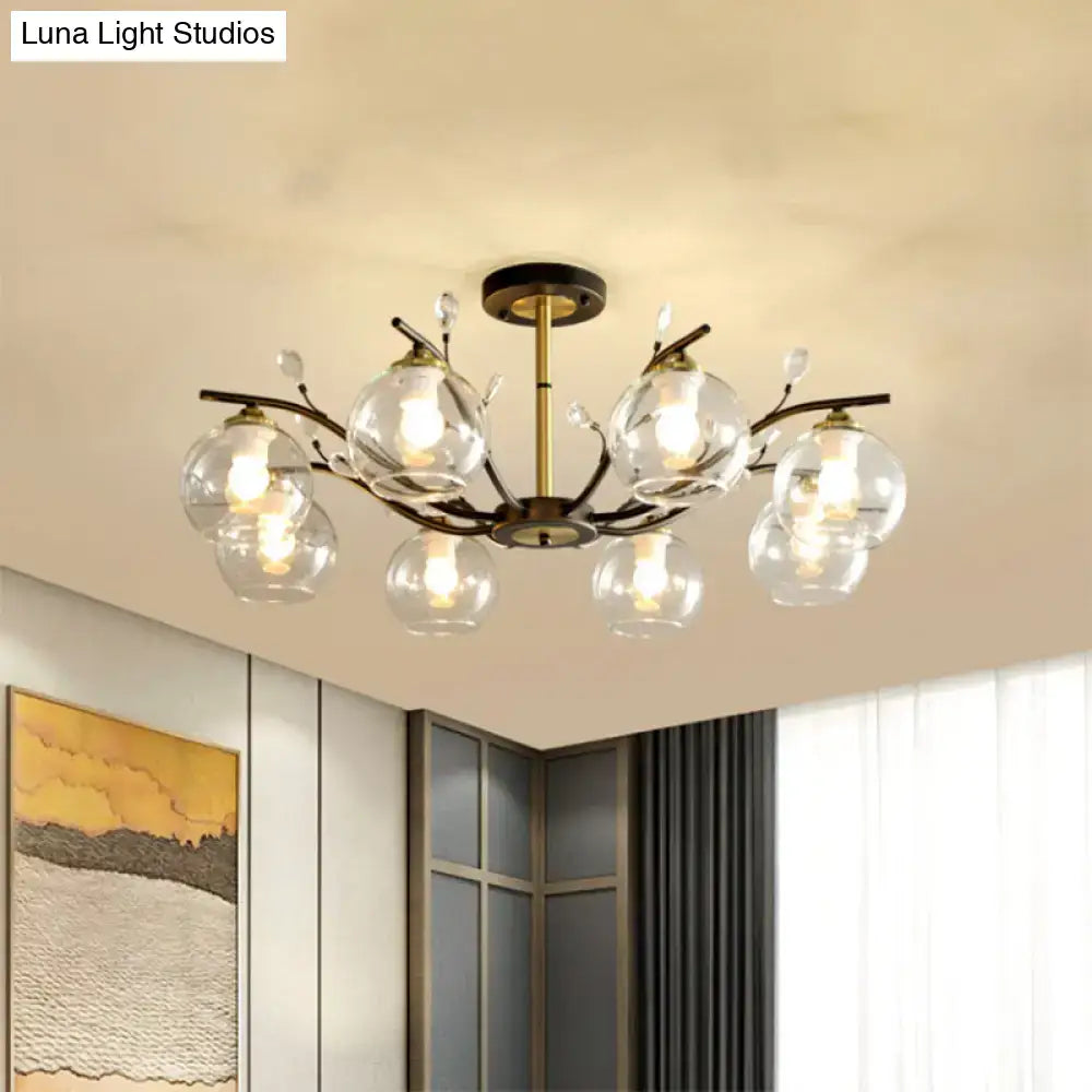 DecorBites™ Modernist Semi Flush Mount Ceiling Light - Cream/Clear Glass - Black and Gold - Crystal Accent - 8-Bulb
