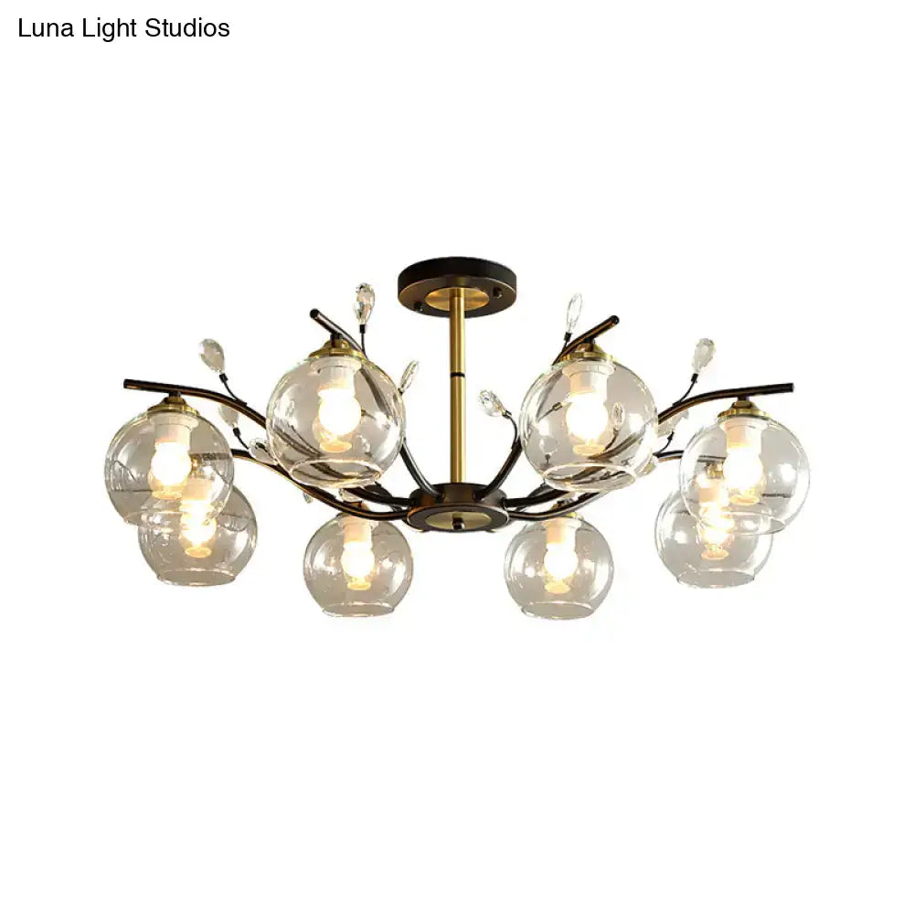DecorBites™ Modernist Semi Flush Mount Ceiling Light - Cream/Clear Glass - Black and Gold - Crystal Accent - 8-Bulb