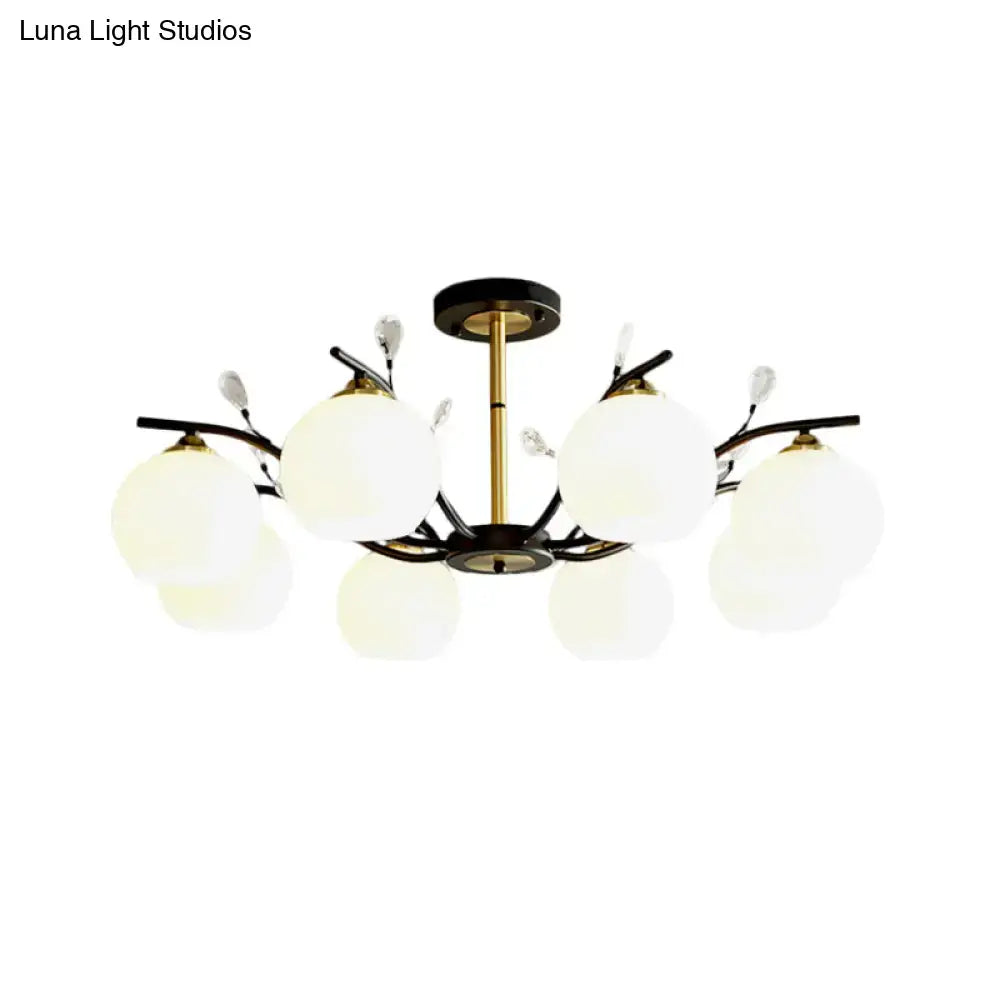DecorBites™ Modernist Semi Flush Mount Ceiling Light - Cream/Clear Glass - Black and Gold - Crystal Accent - 8-Bulb
