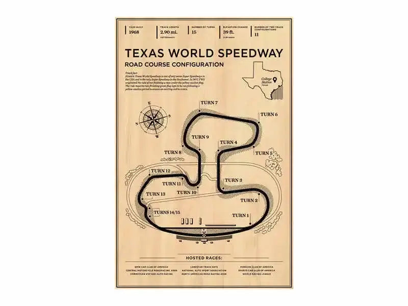 Vintage-style decorbites™ monaco grand prix poster canvas art featuring texas world speedway road course in black on beige