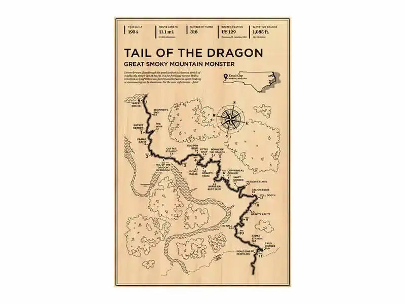 Vintage-style sepia-toned map poster titled tail of the dragon with black ink trails and landmarks for monaco grand prix decor