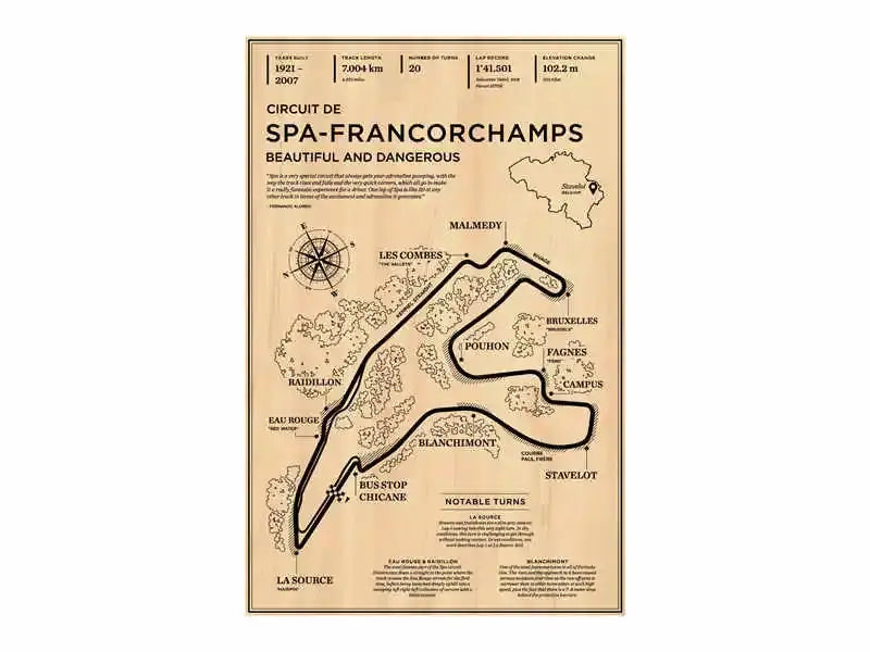 Decorbites™ monaco grand prix vintage wall art poster featuring beige circuit de spa-francorchamps layout in black ink