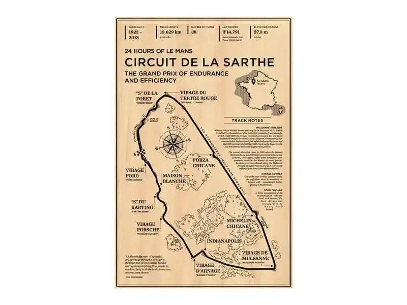 Decorbites™ monaco grand prix racing poster vintage beige map of circuit de la sarthe with 24 hours of le mans track notes