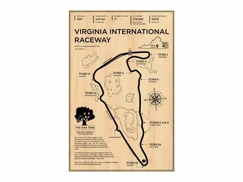 Vintage-style monaco grand prix wall art featuring a virginia international raceway map on beige textured paper by decorbites
