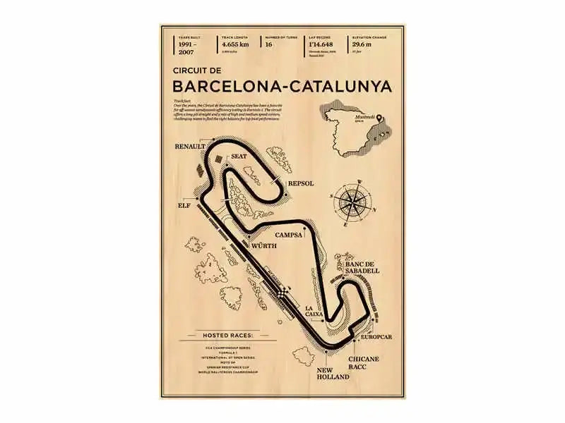 Vintage-style beige DecorBites™ Monaco Grand Prix racing poster featuring circuit de Barcelona-Catalunya track layout in black ink