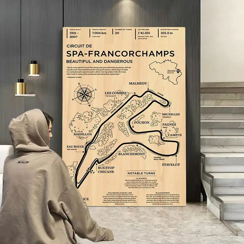 A light wood panel with a detailed black line drawing of the spa-francorchamps race track for monaco grand prix wall art