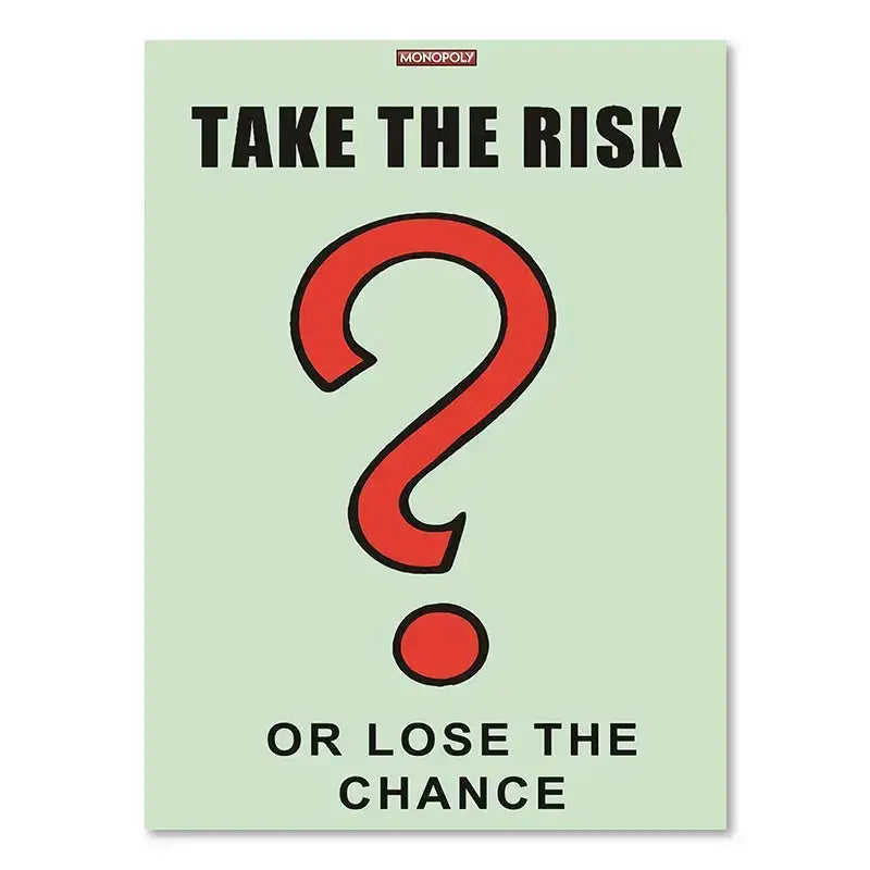 Decorbites™ monopoly millionaire wall art featuring a light green dollar money poster card with a red question mark and motivational text