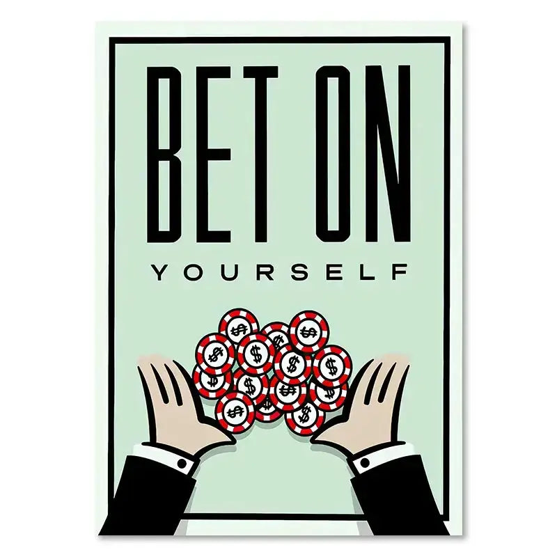 DecorBites™ monopoly millionaire wall art featuring bold black text and hands holding red and white casino chips