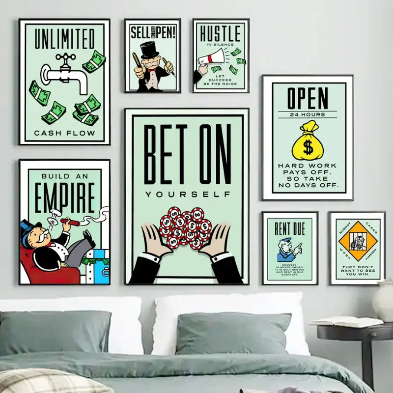 Set of eight framed monopoly millionaire wall art prints with bold black text and colorful illustrations on mint background