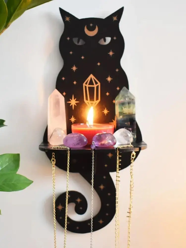 DecorBites™ Moon Phase Black Cat Wooden Shelf