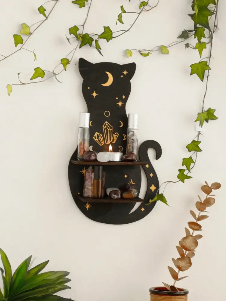 DecorBites™ Moon Phase Black Cat Wooden Shelf