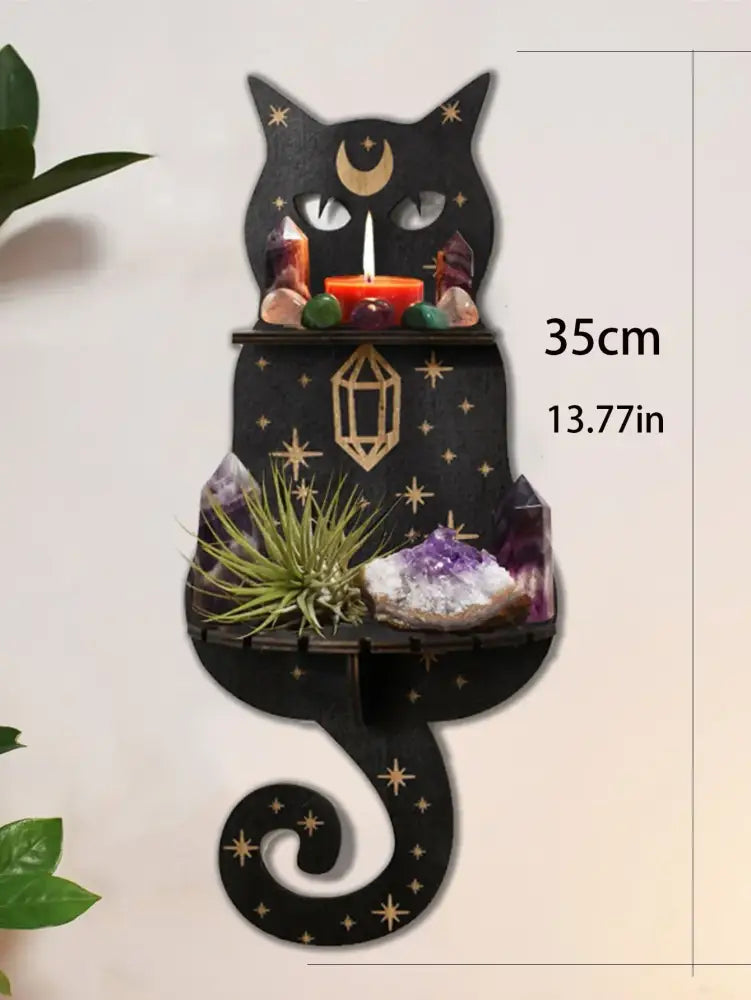 DecorBites™ Moon Phase Black Cat Wooden Shelf