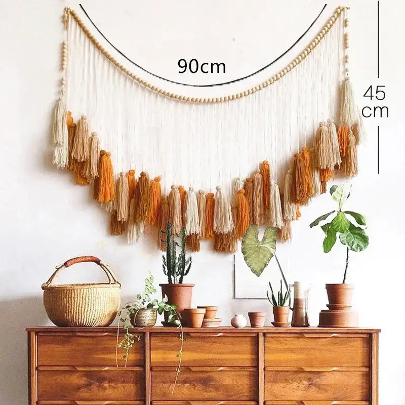 Decorbites moroccan bohemian wall decor beige and orange macrame wall decor tapestry with wooden beads and tassels