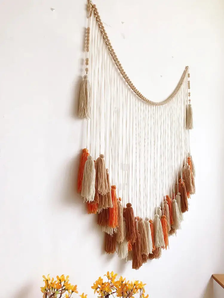 Decorbites moroccan bohemian wall decor tapestry with wooden beads and white macrame cords with orange tassels