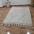 Cream-colored fluffy wool rug with diamond quilted pattern and tassels moroccan handmade beni ouarain rug 1.5m x 1m