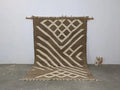 Brown and cream geometric patterned moroccan handmade traditional azilal rug with fringed edges 309 x 200 cm