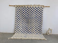 Decorbites moroccan handmade beni ouarain rug with blue and cream checkered pattern and fringed edges 260 x 170 cm