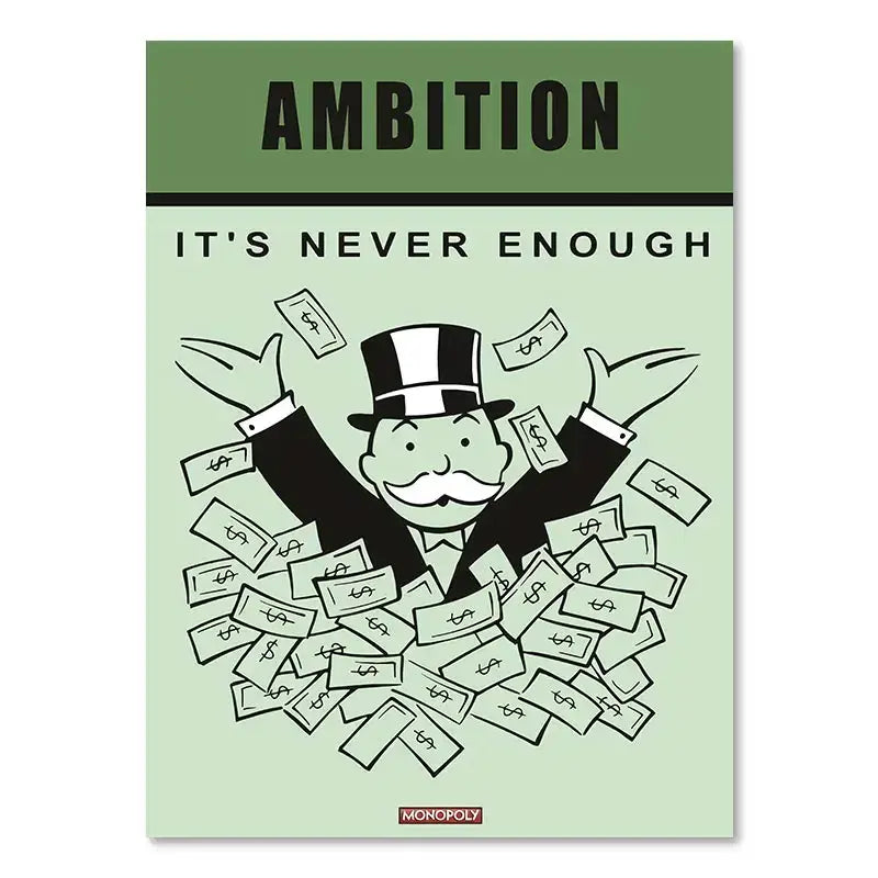 Decorbites motivational monopoly millionaire canvas wall art featuring cartoon man with top hat and green dollar bills