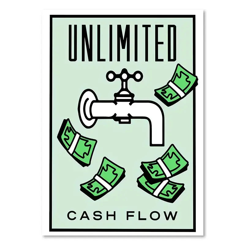 Minimalist motivational monopoly millionaire canvas wall art with white faucet and green dollar bills on mint background