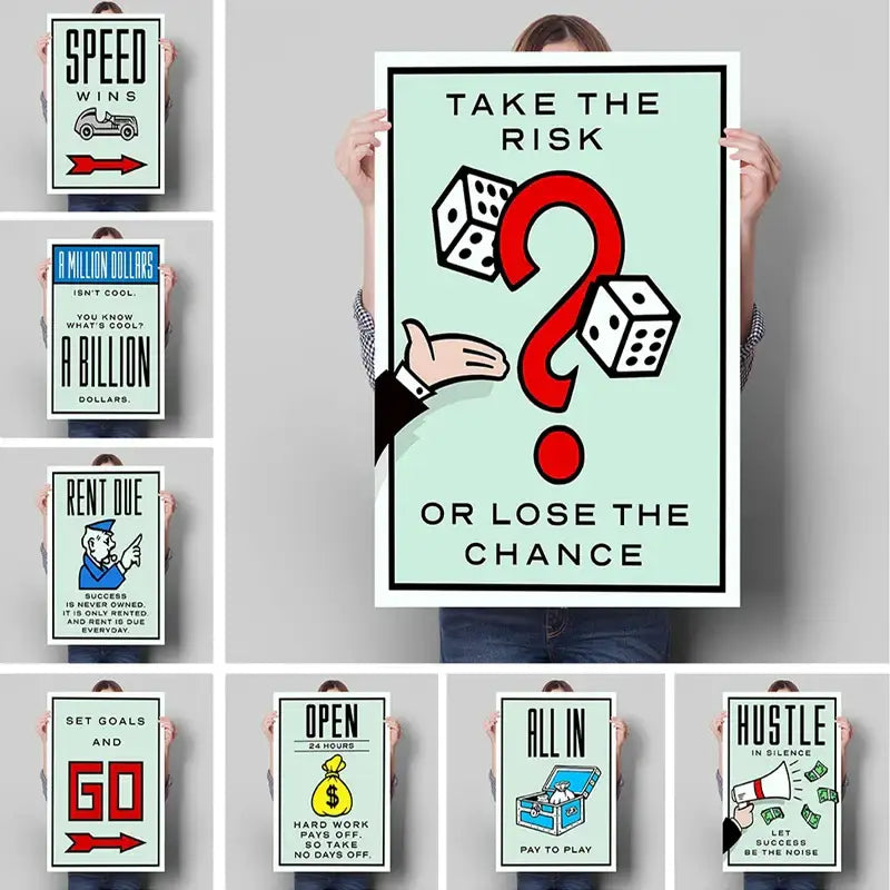DecorBites™ motivational monopoly millionaire mint green canvas wall art with red question mark and motivational text