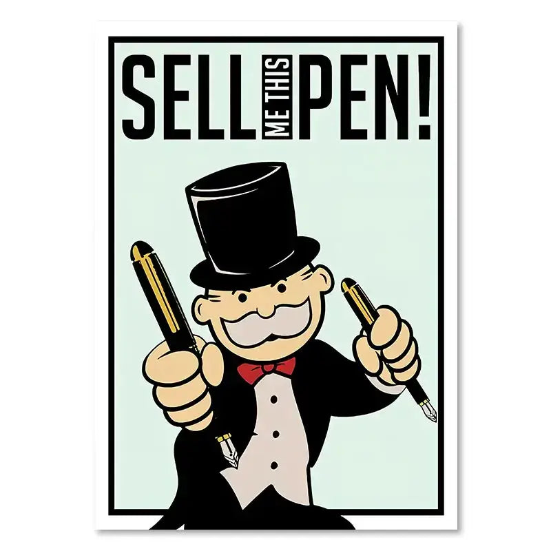Decorbites™ motivational monopoly millionaire cartoon canvas wall art featuring a black top hat with red bow tie and two pens